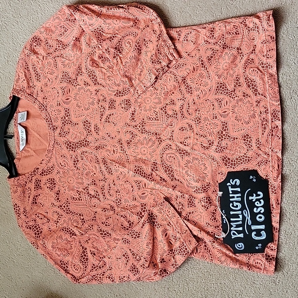 Orvis Medium T-Shirt Peach Orange Brown Floral
